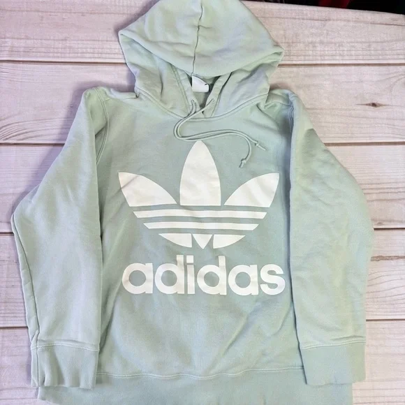 Adidas Mint Green White Logo Hoodie Soft Cotton Terry Pockets Lined Hood - Picture 3 of 8